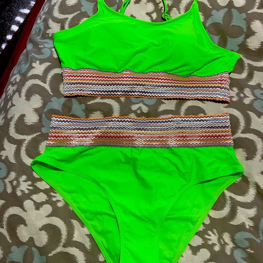 Lime Green two piece Swim suit trimmed in multi color